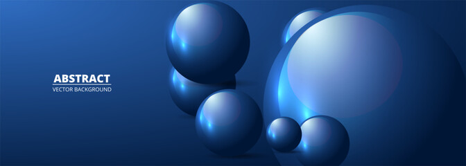 Blue realistic vector 3d spheres and balls on a wide blue background. Abstract modern banner geometric three-dimensional vector illustration.