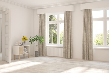 Fototapeta premium White empty room with summer landscape in window. Scandinavian interior design. 3D illustration
