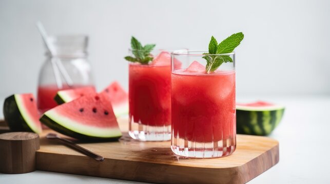 Fresh watermelon cocktails with slices of watermelon. Generative AI.