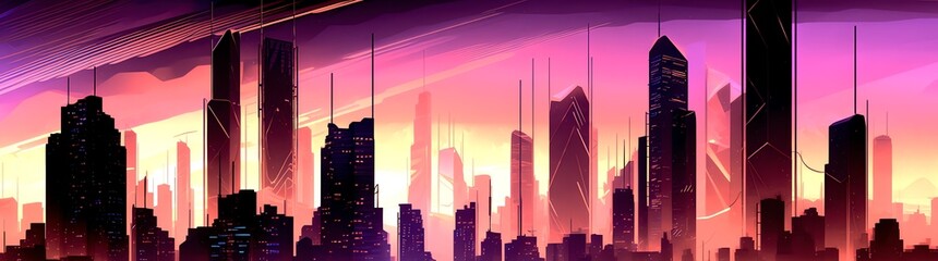futuristic city skyline in magenta sunset hues