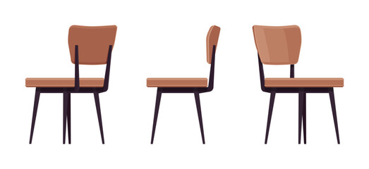 Chairs interior brown set for dining, kitchen, living, guest room. Reading, desk seat. Vector flat style cartoon home, office furniture articles isolated, white background front, side, rear view