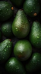 Fresh Avocado Seamless Background with Glistening Droplets of Water - Top Down View, Generative AI