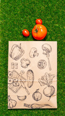 a paper bag lies on the green grass with fruits and vegetables around, moss, mock up