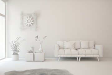 White living room concept with sofa. 3D illustration