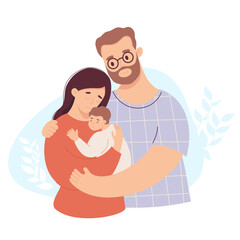 Happy family with baby. Cute adult couple in age with child. Vector illustration in flat style