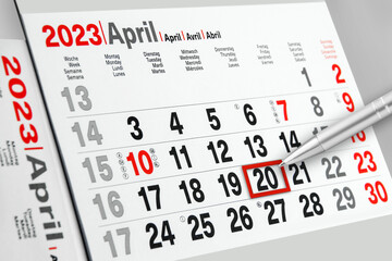 Deutscher Kalender 20. April 2023 mit Kugelschreiber