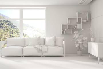 Bright interior design with modern furniture and summer landscape in window. 3D illustration