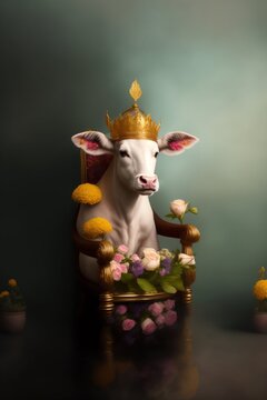 Une vache assise sur un tr&ocirc;ne comme une reine - generative A