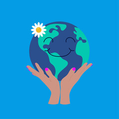  Woman hands holding globe.Happy Earth day concept illustration. Vector