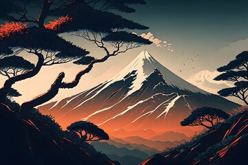 Mountain landscape illustration made in the traditional Japanese style. High mountain in the clouds, tall trees. AI generated illustration