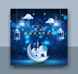 Crescent moon eid mubarak festival greeting design with colorful luxury Islamic background, eid Mubarak social media post design, and Editable vector illustration