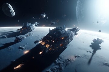 Space ships in battle. Ai art. Sci-fi scene of space ships fight 
