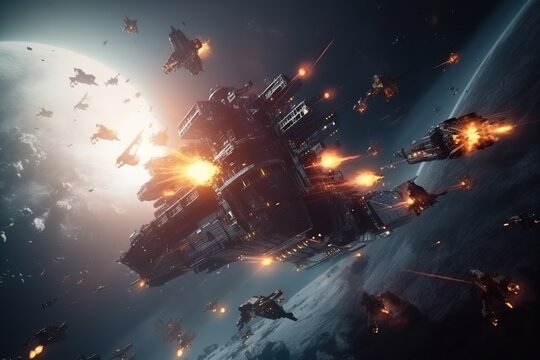 Space ships in battle. Ai art. Sci-fi scene of space ships fight 