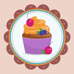 Cute Happy Birthday card with a cupcake with cherries and blueberries. Flat style vector illustration
