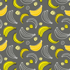 Seamless vector pattern with bananas on a gray background. Doodle fruits. Cartoon design.