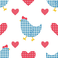 Vector seamless pattern with checkered chickens characters and hearts in vintage style for Easter design. Digital print with checkered chickens in cartoon style for textile and fabric design