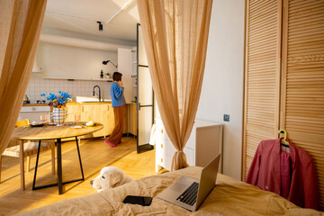 Fototapeta na wymiar Woman doing some household chores, serving dining table in stylish studio apartment. Concept of home coziness, style and lifestyle