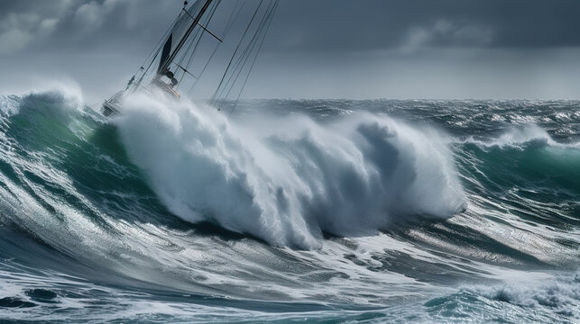 A realistic photograph of a stormy sea with a sailboat sinking in the waves, capturing the intense action and drama of the moment, emphasizing the roughness of the sea. Generative AI