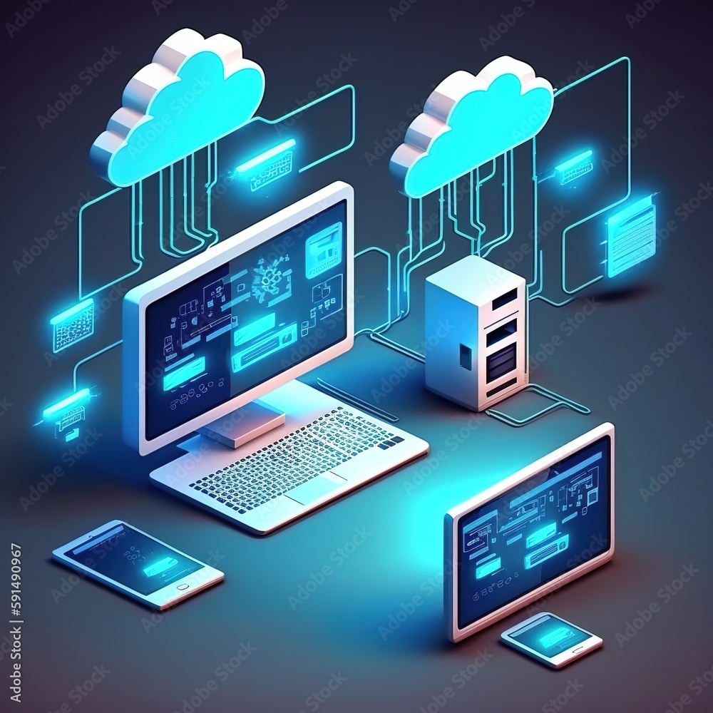 Poster cloud computing network, cloud technology, computing. devices connected to digital storage in the da