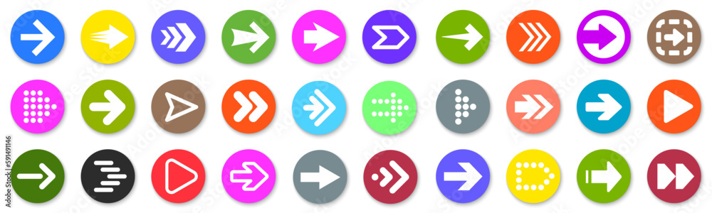 Poster Set colored arrow button icons. Collection different arrows sign. Set different cursor arrow direction symbols in circle flat style with shadows – vector