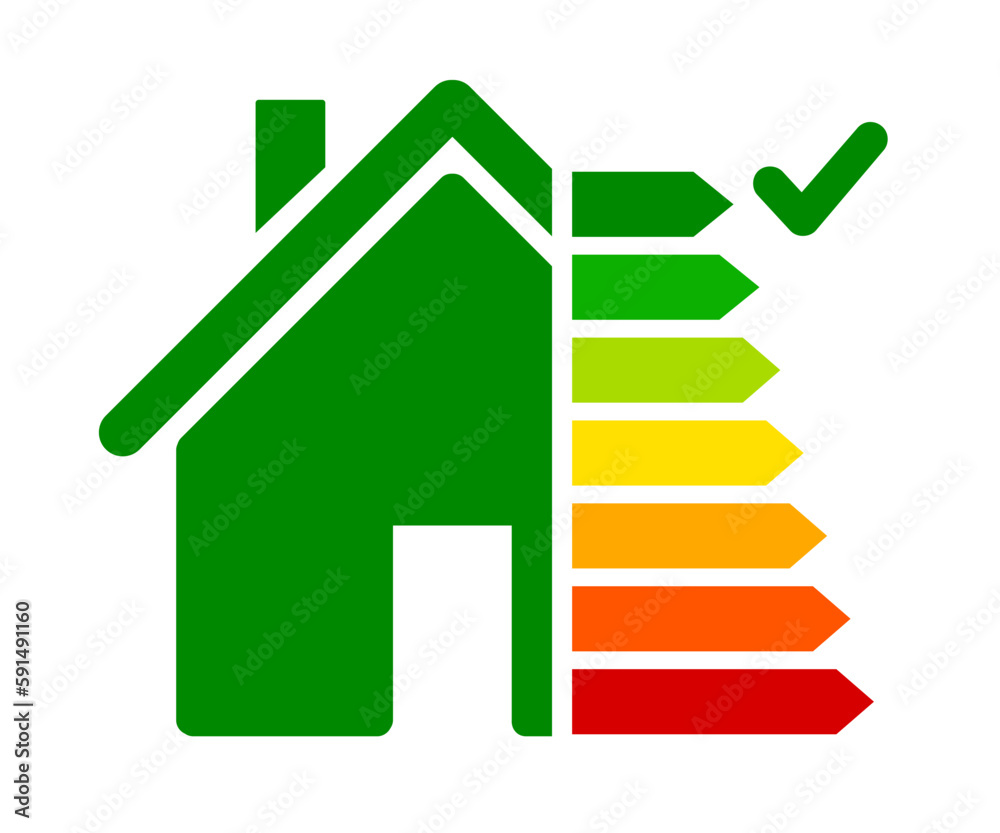 Wall mural energy efficient house concept with classification graph sign, home energy efficiency rating isolate