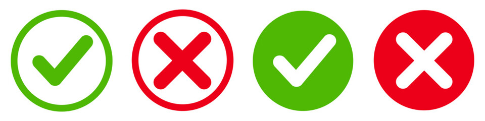 Set green approval check mark and red cross icons in circle and square, checklist signs, flat checkmark approval badge, isolated tick symbols - obrazy, fototapety, plakaty