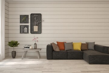 White modern interior design with sofa. Scandinavian interior design. 3D illustration