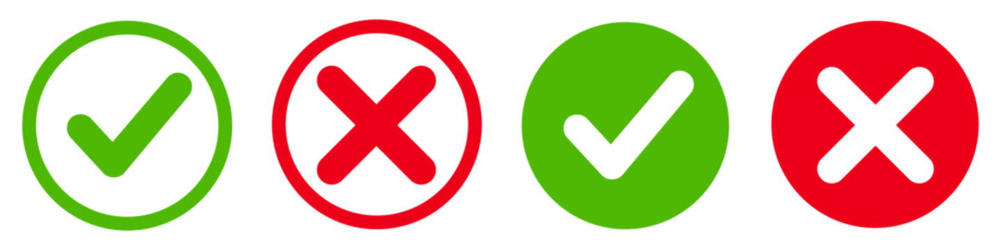 Set green approval check mark and red cross icons in circle and square, checklist signs, flat checkmark approval badge, isolated tick symbols