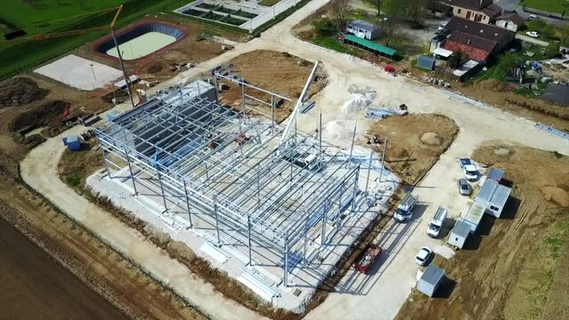 Steel Frame Worksite filmed by a Drone, Moissac France