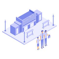 Fototapeta premium Family outside of Shopping Center isometric concept, Customer character make retail purchase vector icon design, Business Center Open symbol Buy Operating Business Commercial Deal stock illustration