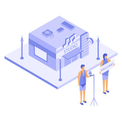 Artist Standing outside of Street Studio isometric concept, musician academy vector icon design, Business Center Open symbol, Buy Operating Business Commercial Deal stock illustration