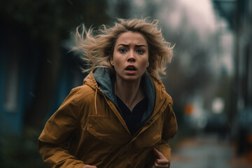 young woman runs away, in delay or fear in her eyes, along a street, fictional place and reason. Generative AI