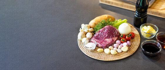 Horizontal website long banner of beef steak and mushroom sauce menu raw ingredient of advertising or promoting.
