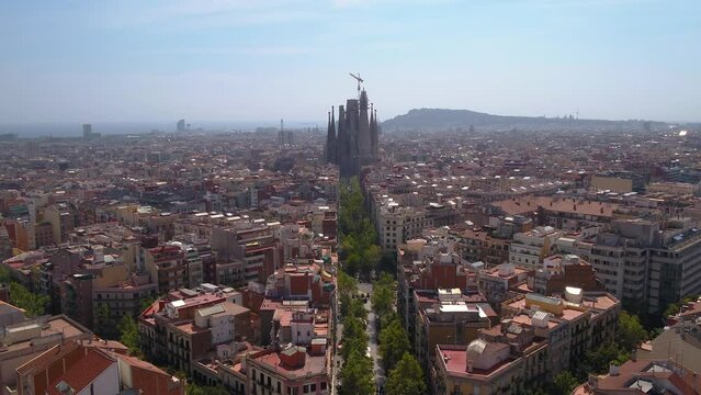 Aerial view of Sagrada Familia, Barcelona. Avinguda de Gaud&iacute;, beautiful panorama. European cityscape. Mediterranean city
