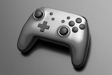 Realistic video game joystick with metallic chrome texture isolated on black