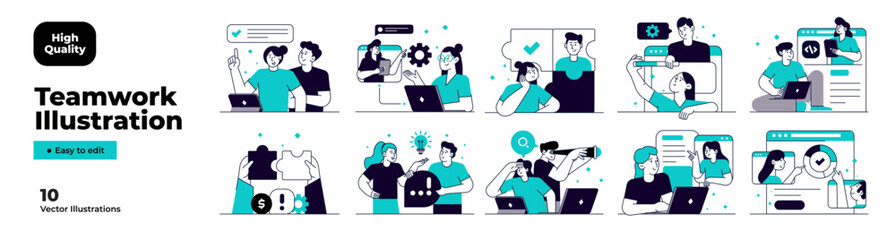 Business Teamwork illustrations. Mega set. Collection of scenes with men and women taking part in business activities. Trendy vector Illustration