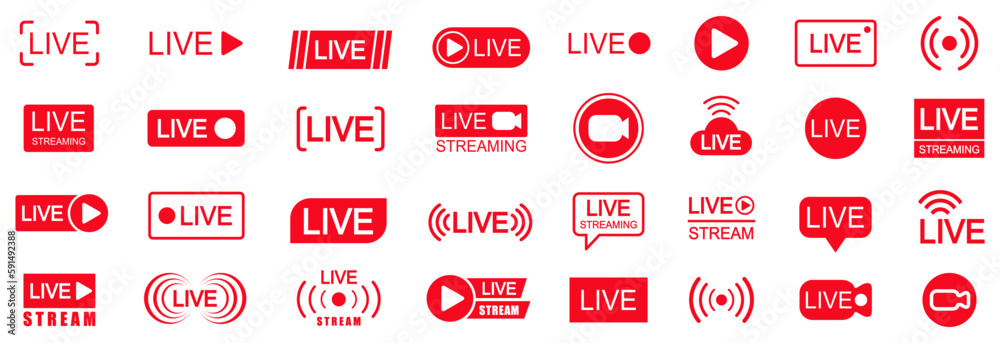 Poster Set of live streaming icons. Set of video broadcasting and live streaming icon. Button, red symbols for TV, news, movies, shows - vector for stock