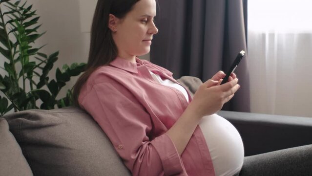 Side view of happy young pregnant woman reading motherhood blog on internet, checking her baby's due date, ordering baby's stuff on online shopping website, using her mobile phone sitting on cozy sofa