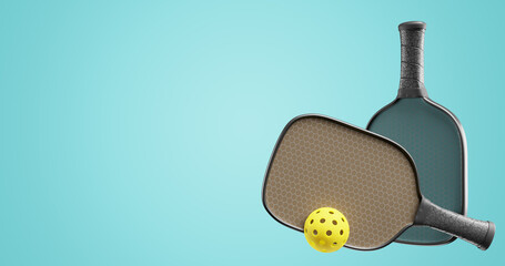 Pickleball rackets and a sports ball on a blue green background. 3d rendering