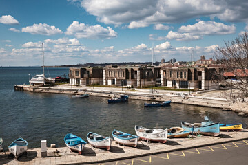 Traditional fishing boats along the coast in old Nessebar town, Bulgaria