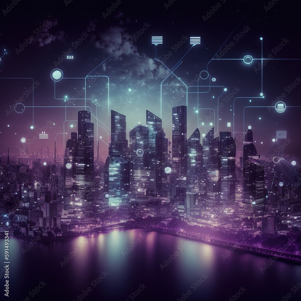 Poster smart city and abstract line and dot connect with gradient line design, big data connection technolo
