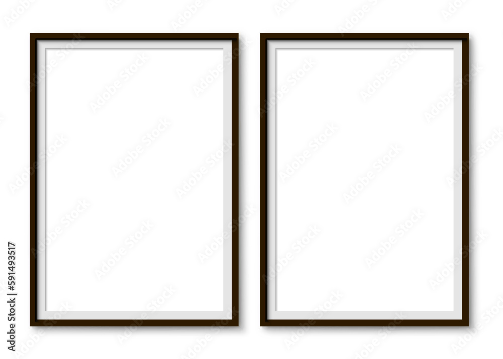 Poster Couple picture photo frames mockup, wall presentation, black thin rectangular vertical frame with shadow, two vertical blank frame border mockup - stock vector