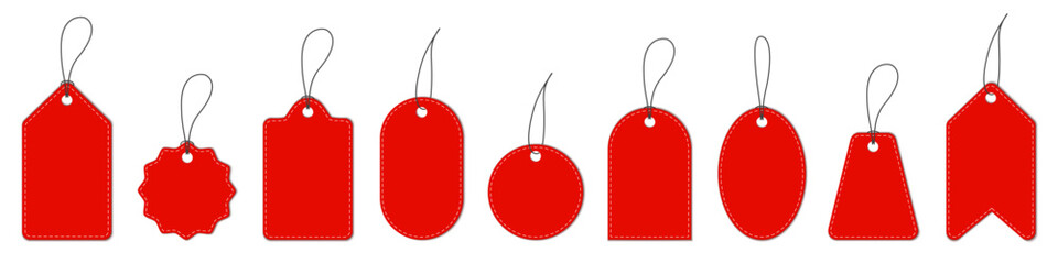 Set red paper shop badge, template shopping labels with shadow, commercial price tag collection. Paper labels with cord isolated, blank price or gift tags – stock vector