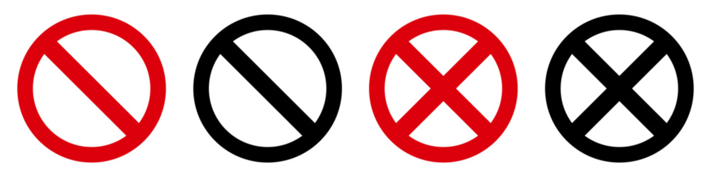 Set no red sign icons, forbidden circle-backslash, do not enter, prohibition restricted, warning stop sign - stock vector