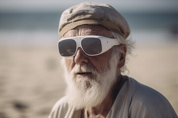 old man with VR glasses is virtually on a beach or with glasses on the beach dreams of further virtual elements. Generative AI