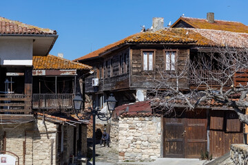 Nessebar old town street view, old stone and wooden houses in Nessebar, UNESCO Heritage site, Bulgaria