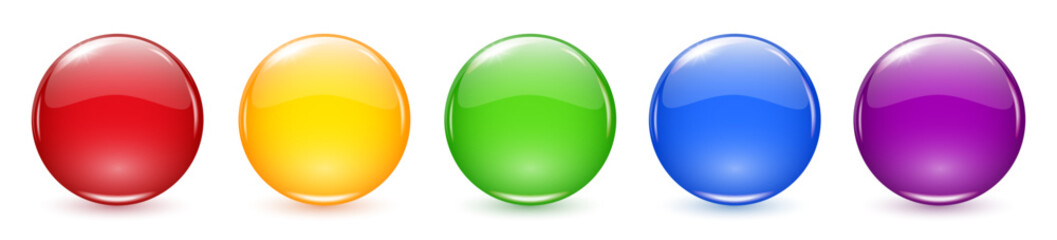 Set 3D crystal magic sphere. Glass transparent colored balls with shadows, buttons set – vector