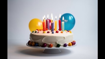 Birthday Cake with Colorful Candles and Balloons