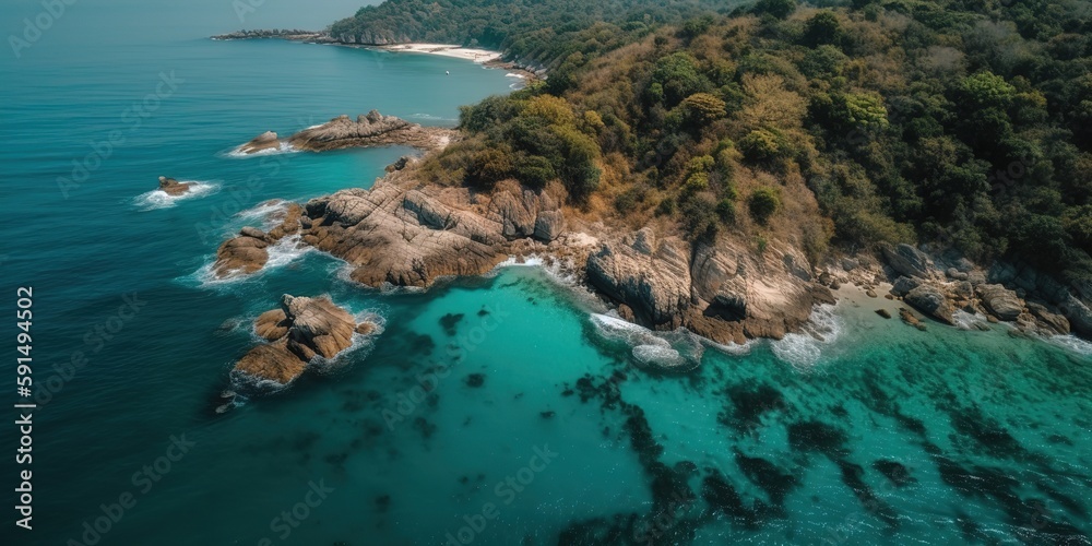 Aufkleber top view of a beautiful tropical beach with sea waves.aerial view. panoramic shot. generative ai