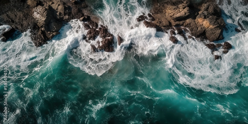 Poster a beautiful picture of a rocky beach with a cliff from above.aerial view. panoramic shot. generative